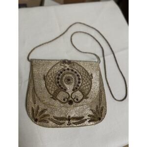 Vintage Gold Zardozi Embroidery & Cabochon Crossbody Elegant Fish Purse